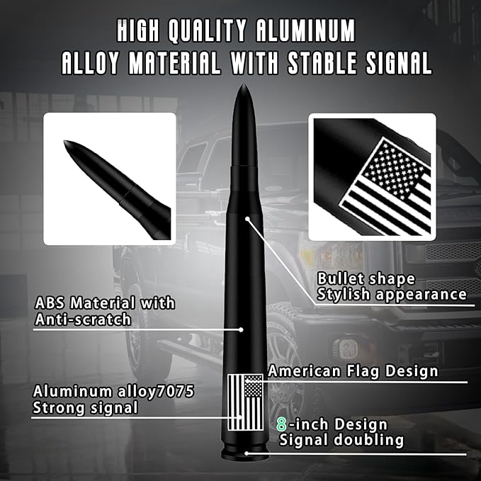 Car Bullet Antenna with Valve Stem Caps for GM Silverado 1500 2500 3500 HD Avalanche Ford F Series F150 F250 GMC Sierra 1500 2500 3500 Denali Heavy Truck Accessories (Black)- 8inch- America Flag