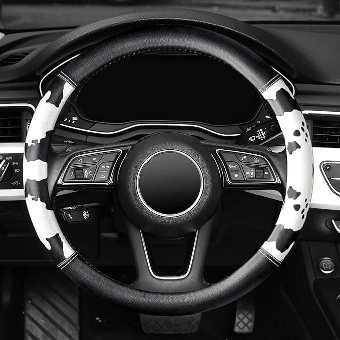 ZHOL 16 inch Steering Wheel Cover Cow Print, Breathable Microfiber Leather Compatible Large-Size for F150 F250 F350 Ram 4Runner Tacoma Tundra Range Rover Model Car Accessories for Women Men