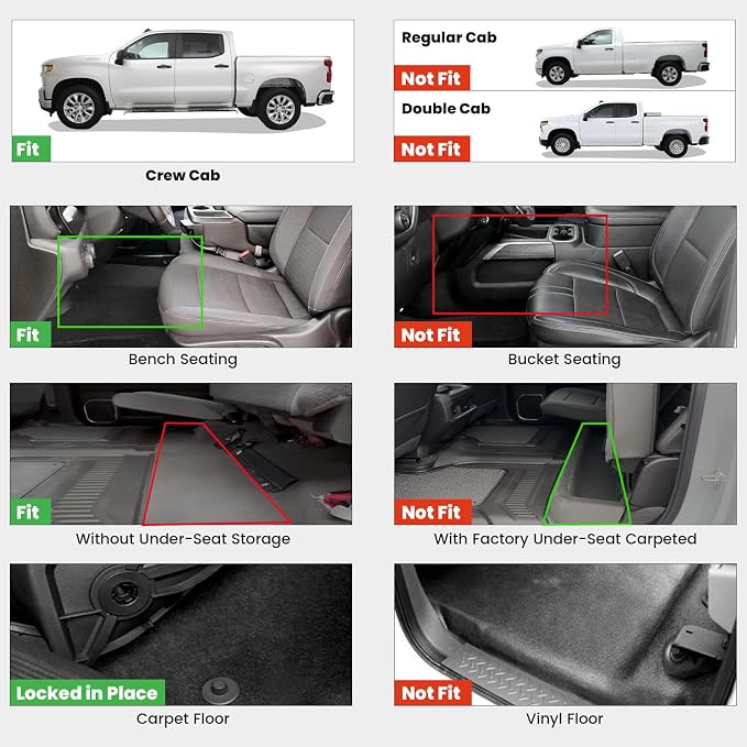 LASFIT Floor Mats 2019-2026 for Chevy Silverado/GMC Sierra 1500, 2020-2026 2500HD 3500HD, Crew Cab/Bench Seat Only, Fit Without Rear Underseat Storage Box, All Weather TPE Custom Fit Floor Liners