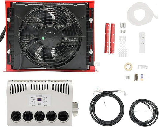 12V 11000 BTU Split Truck Cab Air Conditioner, Heavy Duty AC Unit with Remote Control for Semi Trucks, Buses, RVs, Caravans, Commercial Vehicles – 400-600W, R134A, Red/White