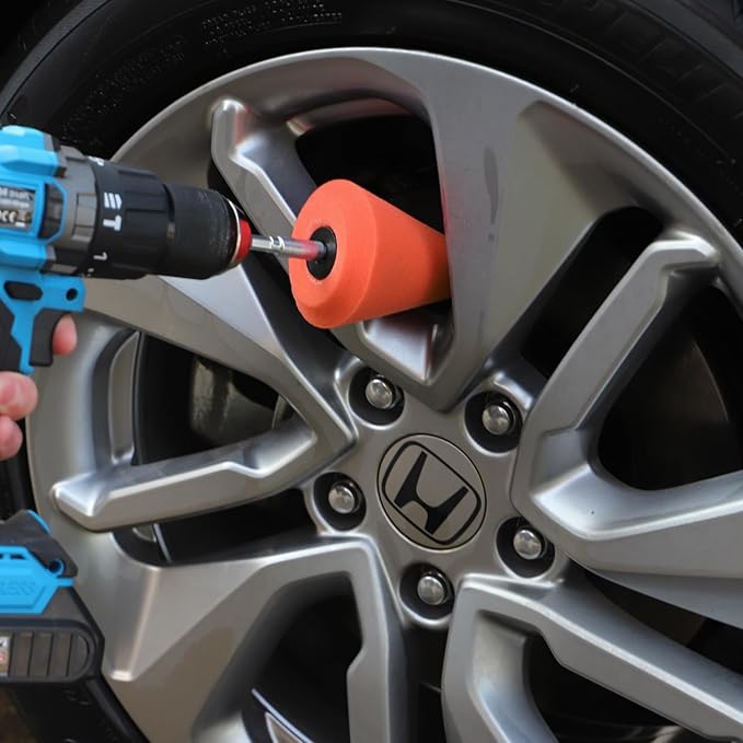 SPTA Polishing Cone, Car Wheel Hub Drill Buffing Sponge Pads Kit, Polishing Ball (Orange T140 Heavy Cut Polishing Cone)