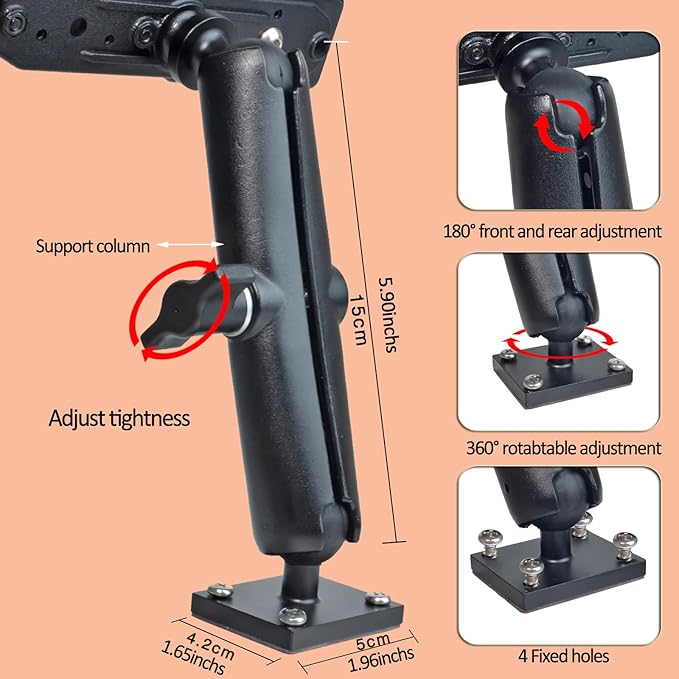 HYS Heavy Duty Drill Base Tablet Handheld CB Radio/Mic Holder Truck Mount, Aluminum 360° Adjustable 2-Stage Stand for Commercial Vehicles Car and Wall, for Handheld CB Radio&Mic with Clip/Round Knob