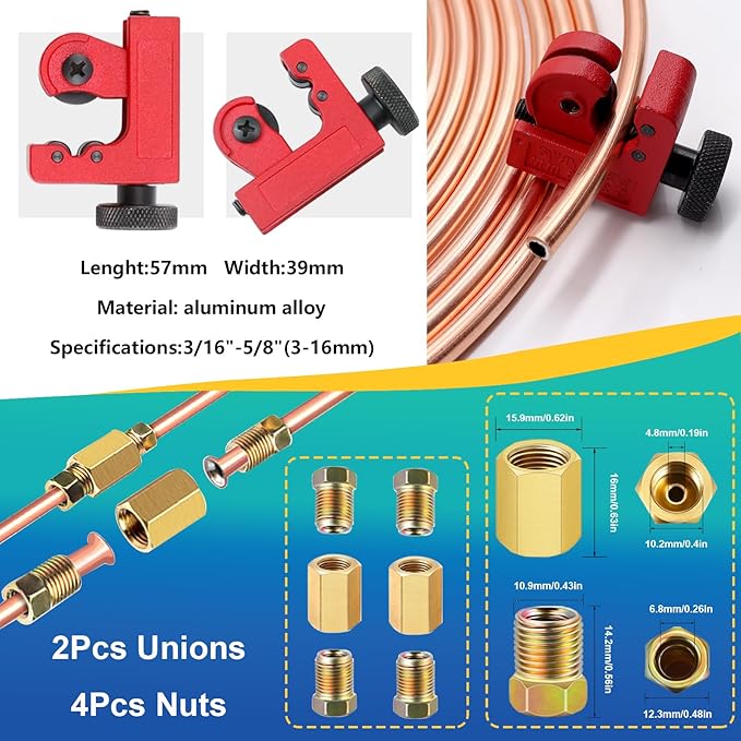 smseace 26Pack 1/4 Inch Brake line kit Includes 25FT Copper-Plated Brake Lines with Fittings(16pcs Fittings,2pcs Union+4pcs Nut)，Brake line Bender，Single Flaring Tool，Pipe Cutter 1/4 Inch Brake Lines