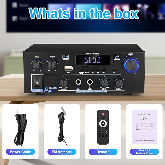 Romica AK55 Stereo Audio Amplifier, 2 Channel 500W Bluetooth 5.0 Home Audio Stereo Receivers with FM, Echo, AUX, USB, SD, MIC, Optical & Coaxial Inputs, AMP for Passive Speakers and Active subwoofer