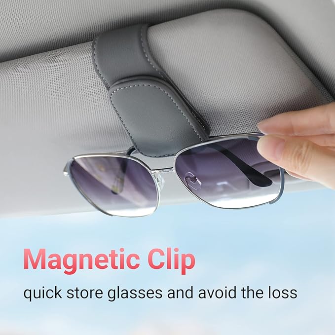 KanSmart Sunglass Holder for Car Visor Sunglasses Clip Magnetic Leather Glasses Eyeglass Holder Interior Car Accessories for Woman Man - 2 Packs Gray