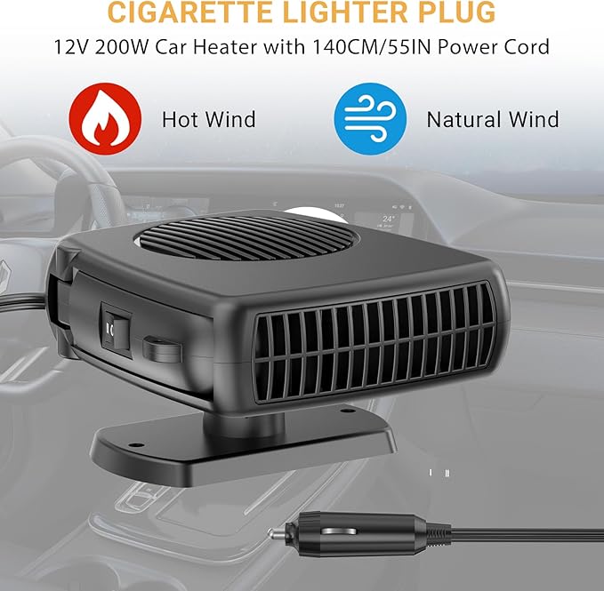 12V Car Heater, 200W Portable Windshield Defroster with Heating/Cooling Fan and Plug in Cigarette Lighter Fast Heating Defrost Defogger with Ergonomic Handheld Design for All Kinds of Cars