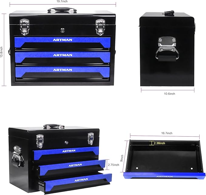 20" Portable 3 Drawer Steel Toolbox,Built in Tool Set,4 Layers of Tools with Metal Latches, with Top Storage Tray and carrying Handle, Multi-Function Tool Storage for Garage, Home,or Workbench