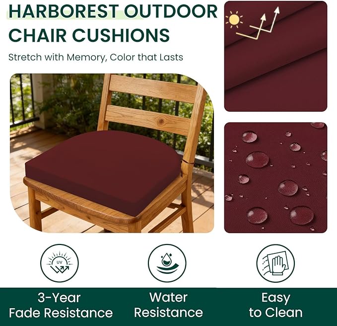 HARBOREST Outdoor Chair Cushions Set of 6, Water Resistant Patio Chair Cushions with Ties, Outdoor Seat Cushions for Patio Furniture, 17"x16"x2", Burgundy