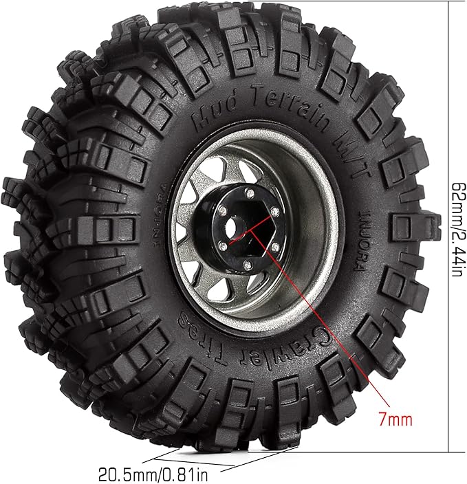 INJORA 1.0 Beadlock Wheel Mud Tires Set Deep Dish 1.0" Wheels Tires for 1/18 TRX4M Axial AX24 SCX24 Gladiator Deadbolt Bronco C10 JLU Upgrade Parts（Grey）