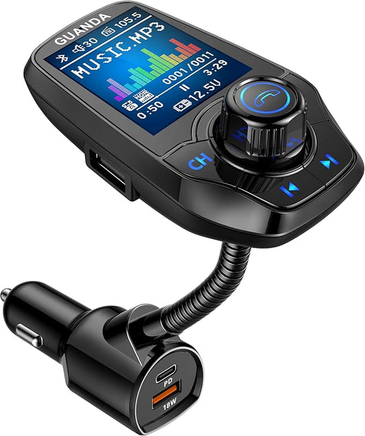 Upgraded Bluetooth 5.3 FM Transmitter for Car, Wireless Radio Adapter Kit W 1.8" Color Display Hands-Free Call AUX in/Out SD/TF Card USB Charger PD 20W for All Smartphones Audio Players - Black