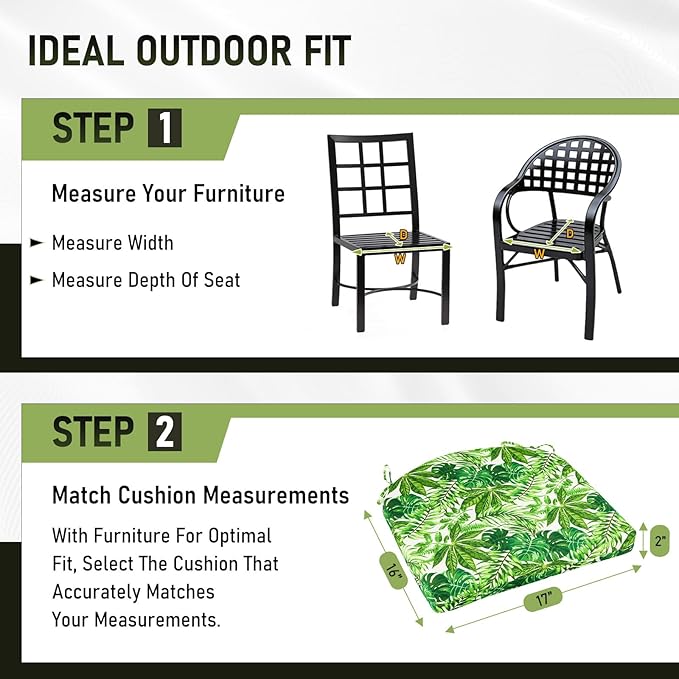 Basic Beyond Outdoor Chair Cushions Set of 4, Outdoor Cushions for Patio Furniture, Water Resistant Patio Chair Cushions with 2 Ties, 17x16x2, Green Leaves