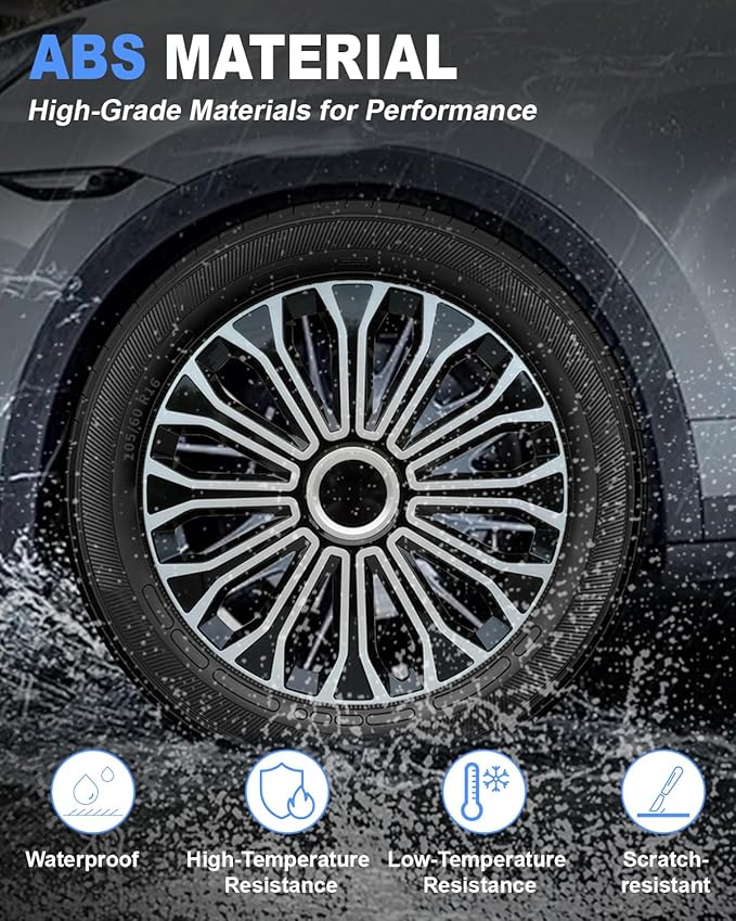ABX Hubcaps,16 inch hubcaps Set of 4, Wheel Rim Cover ABS Material, Snap On Car Truck SUV Replacement, for Toyota Camry Nissan Mazda etc, Black&Silver