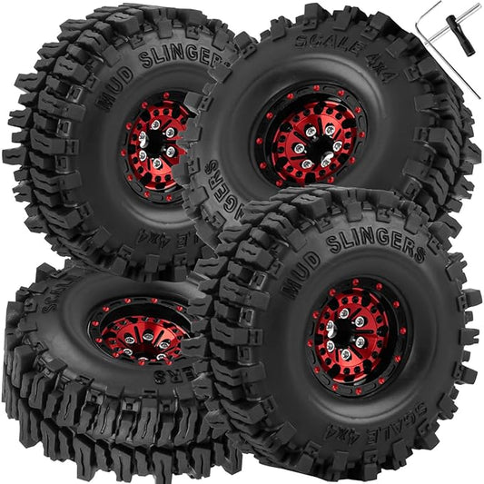 1.0 RC Wheels RC Truck Tires for 1/18 1/24 TRX4M,SCX24,FCX24 RC Crawler,Alloy 1.0‘’ Beadlock RC Truck Tires RC Wheels (4pcs Red)