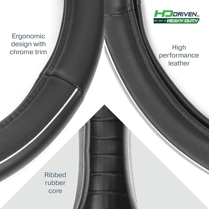 HD Driven SWC Premium Black Leather Steering Wheel Cover – 18” Diameter for Semi-Trucks, Ribbed Rubber Core & High-Performance Leather, Vehicle Accessories