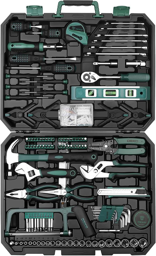 DEKOPRO Tool Set: 228 Piece Home Tool Kit, Household Basic Repair Tool Set Comes with Storage ToolBox, Socket Wrench Set for Car, Hand Tool Box Set for Home - Green