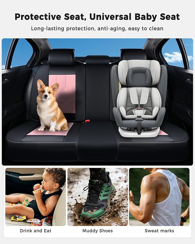 Huidasource Seat Covers Full Set, Universal Fit for Most Cars SUV Trucks, Full Coverage Leather Seat Cover, Airbag, Cupholder Compatible, Seat Function Retain, Easy Install with Velcro, Black & Pink