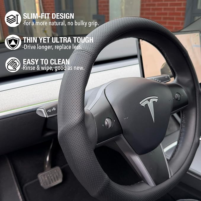 PINCTROT Supported Grip Nappa Leather Steering Wheel Cover for Tesla Model Y/3 Highland/Juniper, D Shaped 14 Inch Small Sized with Breathable Perforation, Flat Bottom 14 Inch(Black)