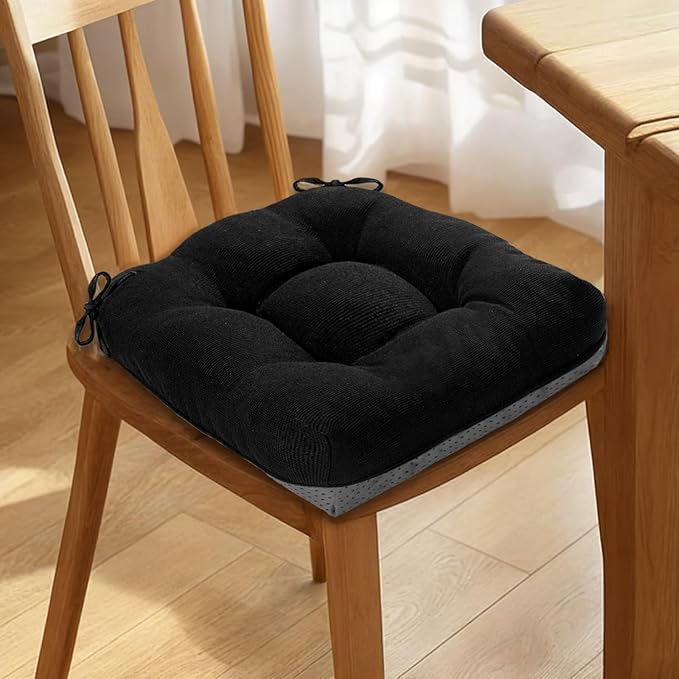 MAGIC ELEPHANT Chair Cushions for Dining Chair, Shredded Memory Foam Kitchen Chair Cushions Set of 4, Non-Slip Thick Dinning Room Chair Pads Seat Cushions, 15.5" x 15.5" x 4" (Black)