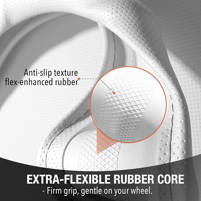 PINCTROT XL 17.5-18in Nappa Leather Supported Grip Steering Wheel Cover for Semi Truck, Fits RV, Big Rig Trucker, 18 Wheeler and Classic Cars, Anti-Slip Perforated Design 17.5-18 Inch (Cream White)