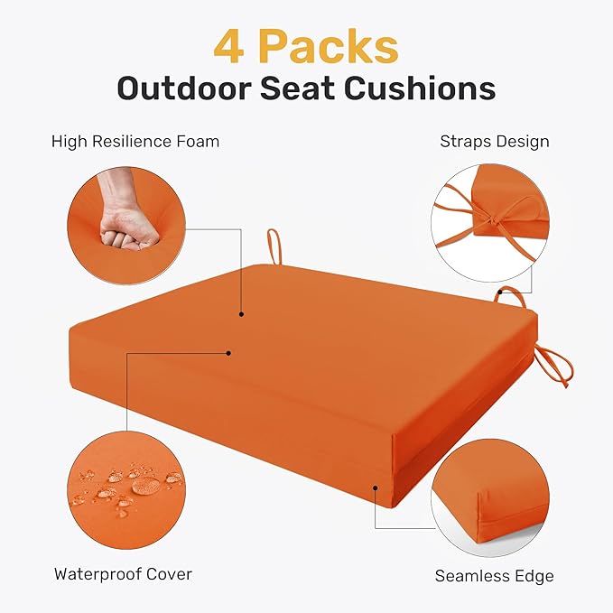 UNIKOME Outdoor Chair Cushions Pack of 4, Water Resistant Patio Cushions with Ties, High Density Sponge Filling Square Corner Seat Cushions for Outdoor Furniture, 18.5"*16"*3", Orange