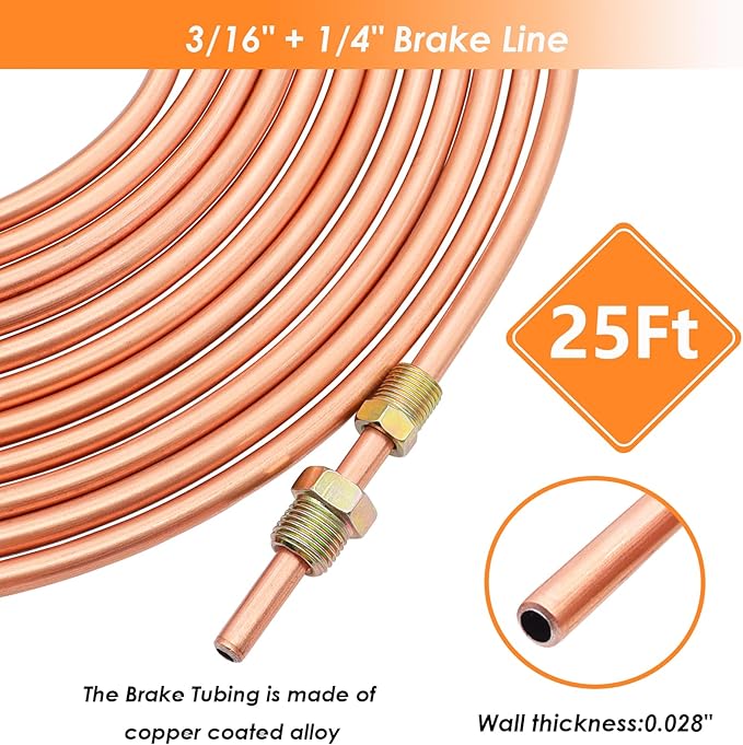 25 ft 3/16 + 1/4 Copper Coated Brake Line Tubing Kit(Includes 44 Fittings and 6 Unions) with Double & Single Flaring Tool Kit