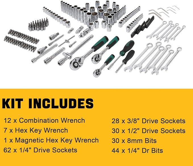 IDEALHOUSE 216 PCS Mechanic Tool Set with Case,Socket Wrench Set,1/4" 3/8" 1/2" Drive Socket Kit,72-Tooth Quick Release Ratchet, Specialty Tools for Home Automotive Repair