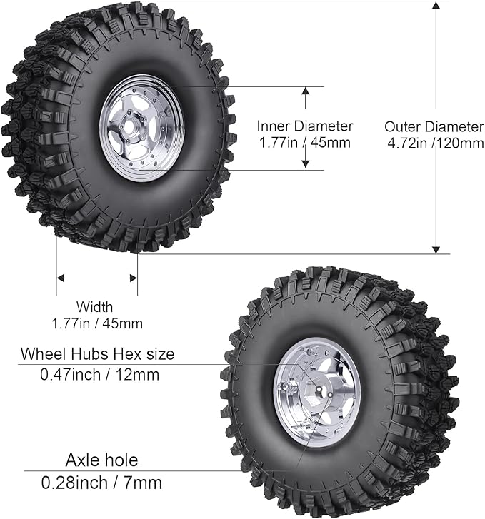 HobbyPark Negative Offset -10mm Deep Dish Aluminum Chrome 1.9 Beadlock Wheels and 1.9 Tires Good Grip for 1/10 RC Crawler Axial SCX10 TRX4 VS410 Gen8 RC4WD, Set of 4