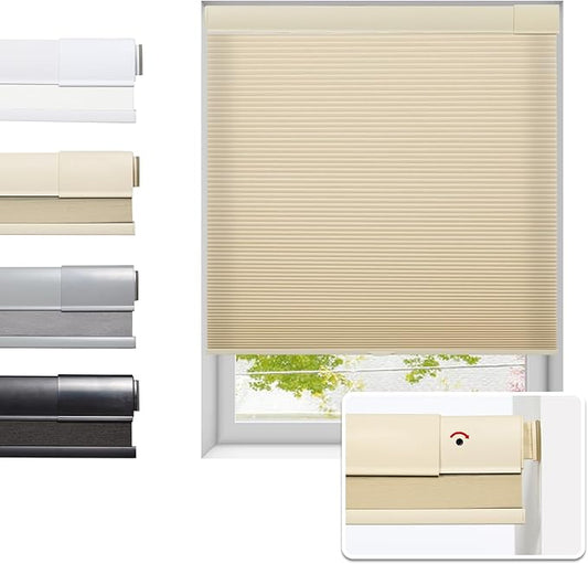 Tonature No Drill Cellular Shades for Indoor Windows, Thermal Insulating & Noise Reducing Honeycomb Blinds, Free Stop Cordless Light Filtering Shades, Beige,44" W x 64" H