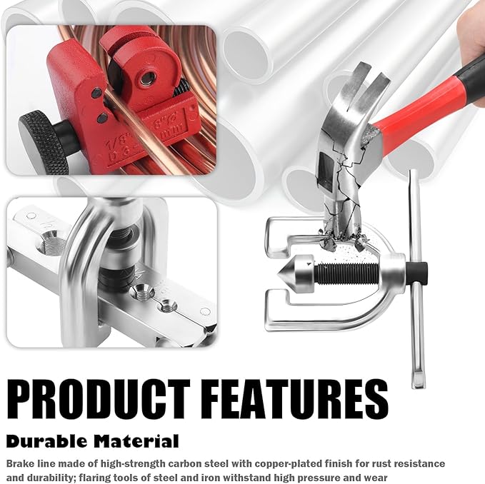 25Ft 1/4" and 3/16" Brake Line Kit,Single & Double Brake Line Flaring Tool Kit with 32 Inverted Fittings and Brakes Flare Tool Kits,Copper Plated Brakes Lines Repair Kits