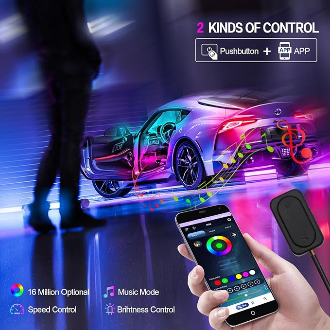 Dreamcolor Acrylic Car Interior Lights 10 in 1 RGB LED Strip Lights APP Control Zoned Control System 252 Color Modes DIY Fiber Optic Ambient Lighting Kits Music Car Neon Light Kits New Version