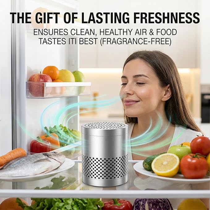 Fridge Deodorizer Odor Eliminator – Reusable Refrigerator Freshener, 10-Year Catalytic Air Purifier for Freezer Closet, Outperforms Baking Soda & Charcoal (Black, 2.79 inches)