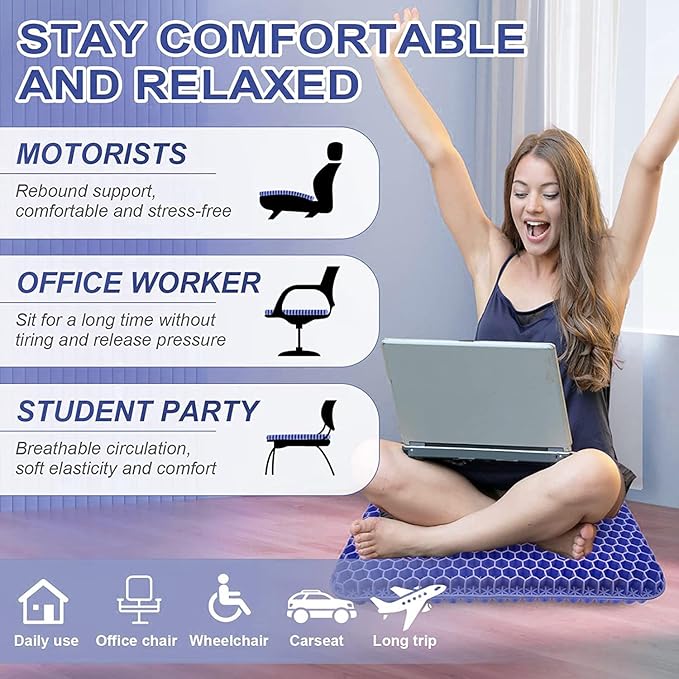 Gel Seat Cushion, Jumbo&Thick Gel Cushion Chair Pads with Non-Slip Cover for Home Office Car Seat Wheelchair, Soft Breathable Honeycomb Seat Pads for Relieve Hip Pain, Blue 20x20x1.9inch