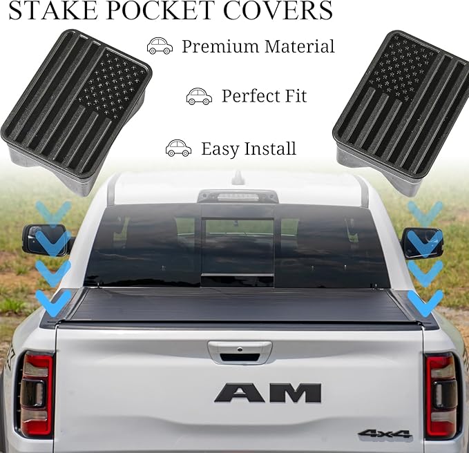 Bed Rail Stake Pocket Covers for Dodge Ram 1500 2019 2020 2021 2022 2023 2024 2025 2026 Truck Accessories Caps Rear Holes Plugs Covers Black 2Pcs