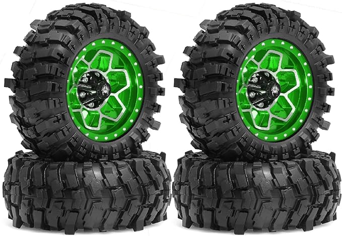 REDSPIDER Metal 1.9'' Beadlock Wheels and Crawler Tires OD 88MM/3.46'' (4PCS) for 1/12 RC Crawler MJX H12Y+ MN-128 MN82S LC79 ﻿ (Green)