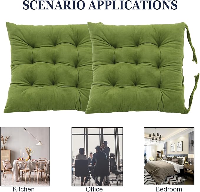 2 Pack Square Seat Cushion Chair Pads for Kitchen Dining Chairs, Soft Comfort Velvet Chair Mat Pillow Cushions with Ties for Office Desk Living Room Tatami 15.5", Green