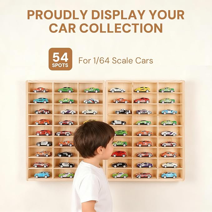 Hotwheels Wooden Display Case,54 Space,for Hotwheels Storage Display Shelf,for 1/64 Scale Toy Cars,Wall Mount ,Model car Display Organizer,Collapsible Toy Car Storage(Only case)