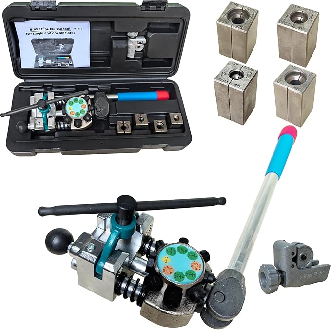 Professional Brake Line Flaring Tool Kit – 45° Single, Double & Bubble Flare Maker for 3/16", 1/4", 5/16", 3/8" Tubing | Universal Brake Repair & Fuel Line Flaring Tool for DIY & Mechanics