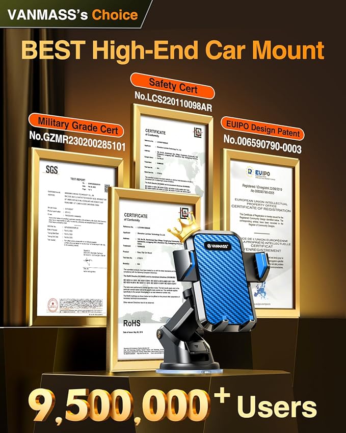VANMASS【85+LBS Strongest Suction & Military-Grade Ultimate Car Phone Mount【Patent & Safety Certs】 Cell Phone Holder for Dash Windshield Vent for iPhone 17 Pro Max Automobile Accessory Kits,Light Blue