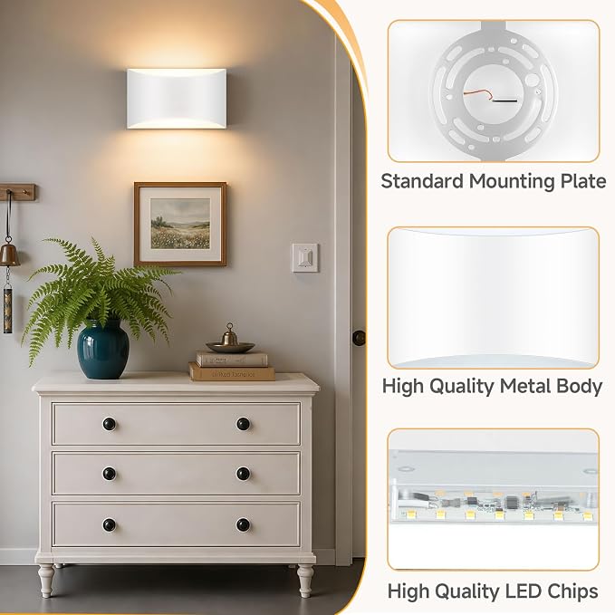 MATAMEYE Modern LED Wall Sconce Set of 2, White Indoor Wall Lighting Fixture with 3 Colors Temperatures, 10W Up/Down Hardwired Wall Mount Lamp for Bedroom Living Room Hallway