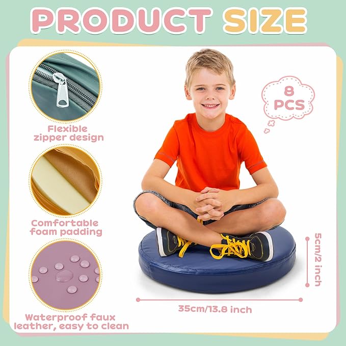 Juexica 8 Pcs Extra Thick Flexible Seating Floor Cushion Assorted Colored Floor Pillow Classroom Seat Cushion Soft Classroom Seating for Kid Learning(Morandi Color,13.8 x 13.8 x 2 Inch,Round)