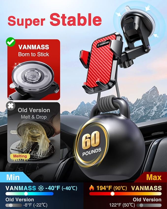 VANMASS【85+LBS Strongest Suction & Military-Grade Ultimate Car Phone Mount【Patent & Safety Certs】 Cell Phone Holder for Dash Windshield Vent for iPhone 17 Pro Max Automobile Accessory Kits,Red