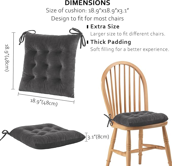 ELFJOY Set of 4 Square Chair Pads Indoor Seat Cushions Pillows with Ties Thick Soft Seat Cushion for Kitchen Dining Office Chair (18", Grey)