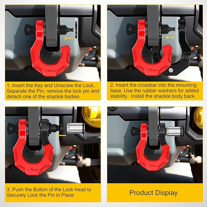 Nilight 2 Pack 3/4" D-Ring Separate Shackle with 7/8" Lock Pin 45,000 lbs Break Strength, Off Road Recovery Shackle with Isolators Washers for Use with Tow Strap, Winch, Truck Vehicle (Black&Red)