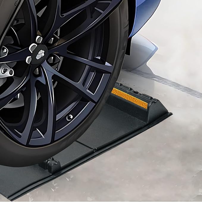 Car Parking Guide Mat, Durable Self Adhesive Anti-Skid Rubber Parking Mat, Wheel Stopper, 2 Pack FoldingTire Guides for Cars, Trucks, 23.6''x15.7''x2.8'' Black with Reflective Strips