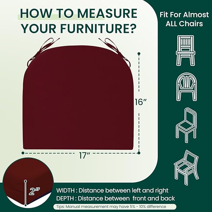 HARBOREST Outdoor Chair Cushions Set of 4, Water Resistant Patio Chair Cushions with Ties, Outdoor Seat Cushions for Patio Furniture, 17"x16"x2", Burgundy