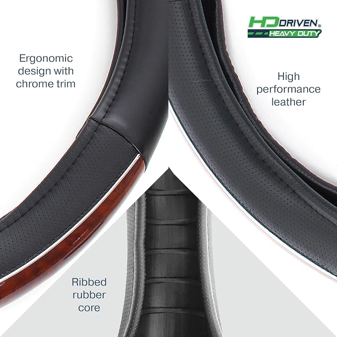 HD Driven SWC Premium Woodgrain Leather Steering Wheel Cover – 18” Diameter for Semi-Trucks, Ribbed Rubber Core & High-Performance Leather, Vehicle Accessories