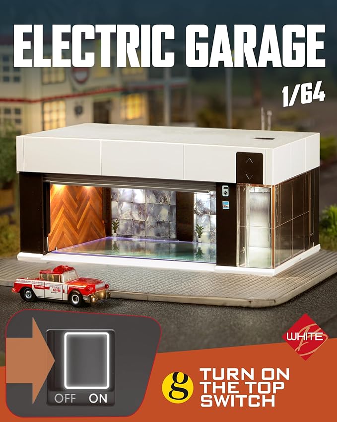 1/64 Scale Diecast Display Case for Hot Wheel Storage with LED Lights, Stackable Electric Garage with Voice Control, 3 Replaceable 3D Scenes Parking Lot Diorama for Model Cars (White)