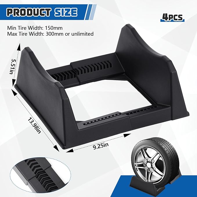 4 Pcs Car Tire Display Stand Wheel Display Rack Adjustable Width Rim Storage Wheel Rim Holder Tyre Stand Base Tire Tray Base for Exhibition Shop Garage Trade Show, Black