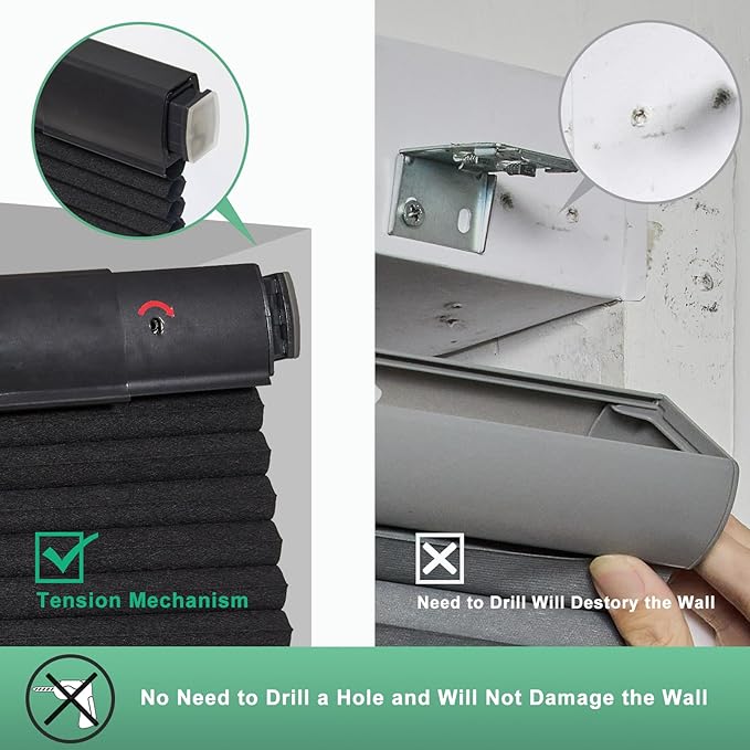 Tonature No Drill Cellular Shades for Indoor Windows, Thermal Insulating & Noise Reducing Honeycomb Blinds, Free Stop Cordless Blackout Shades, Black,56" W x 64" H