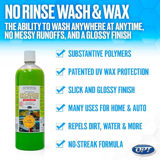 Optimum No Rinse Wash and Wax – Rinseless Car Wash Formulated with Carnauba Wax with UV Protection - For Cars, RVs, Trucks, Motorcycles and more (32 Oz)
